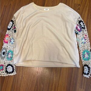 Umgee Cream Top with Colorful Crochet Sleeves